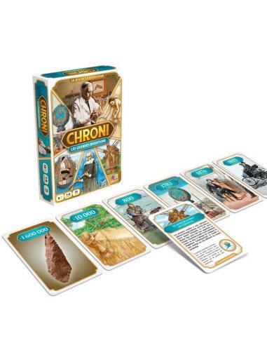 Chroni 2023 : Les grandes inventions - Jeux de société - Jeux Familiaux - visuel de la boîte - visuel des cartes