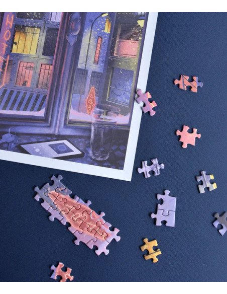 La neige qui tombe - Puzzle 1000 pièces - visuel fenetre nuit lumière pluie piece de puzzle