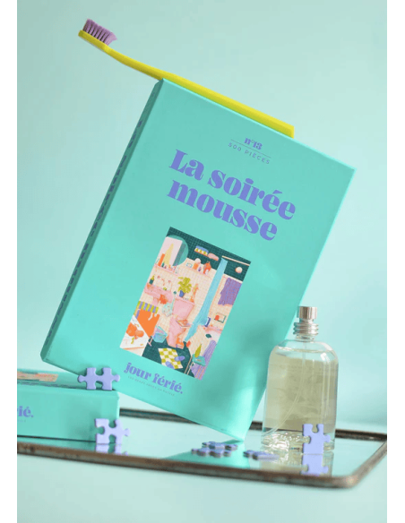 Soirée mousse, puzzle 500 pièces, salle de bain, brosse a dents, image visuel de la boite