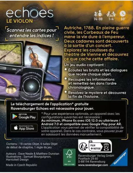 Echoes : Le Violon, jeu d'enquête, visuel de la boite arrière Echoes : Le Violon, jeu d'enquête, visuel de la boite arrière