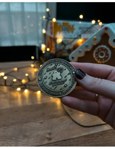 Pièce de décision pour jeux de société - Premier joueur ? - Visuel de la pièce dans une main - pile