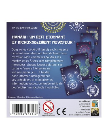 Hanabi - Jeux de société - Jeux Coopératifs - cover - couverture - visuel de l'arrière de la boîte