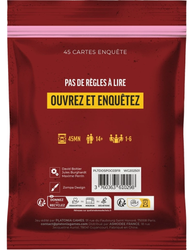 Dossiers criminels - Qui a tué Jasper Van Der Meer - Jeu d'enquête - Dos de la boite de jeu