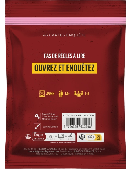 Dossiers criminels - Qui a tué Jasper Van Der Meer - Jeu d'enquête - Dos de la boite de jeu