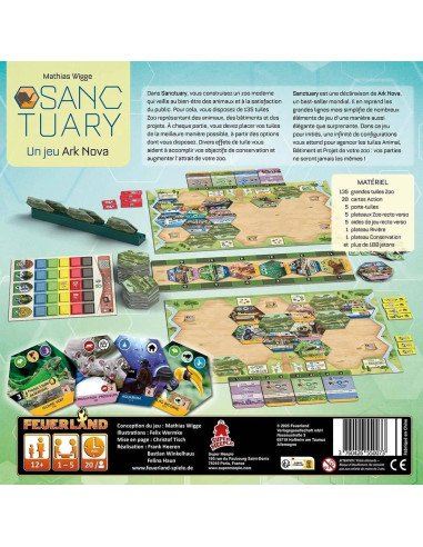 Sanctuary, jeu de société, Ark nova, Initié, pose de tuile, boite, girafe, dos de boite