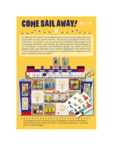 Come Sail Away jeu de société familial d'égrenage visuel de l'arrière de la boite dos Come Sail Away jeu de société familial d'égrenage visuel de l'arrière de la boite dos