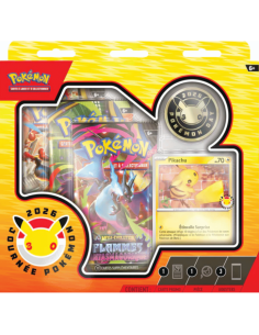 Image du coffret Pokémon Day 2026 en Français. On y voit 3 booster, la promo Pikachu et la pièce métal