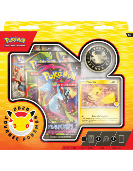 Image du coffret Pokémon Day 2026 en Français. On y voit 3 booster, la promo Pikachu et la pièce métal