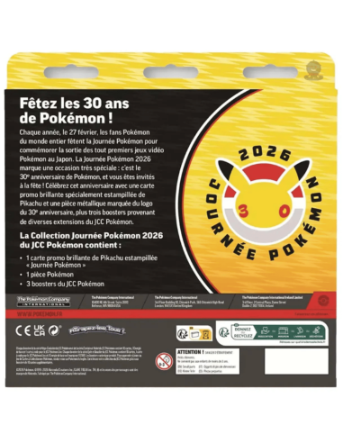 Une image du Coffret Journée Pokémon 2026 de profil - On y voit le texte descriptif et un logo des 30 ans Pokemon