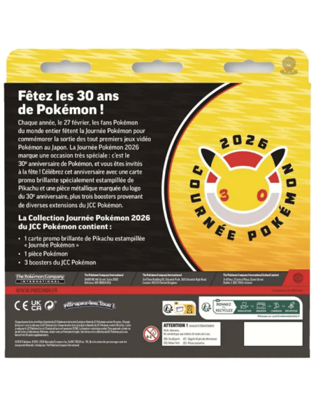 Une image du Coffret Journée Pokémon 2026 de profil - On y voit le texte descriptif et un logo des 30 ans Pokemon