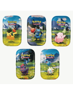 Image des 5 Mini Tin Pokemon ME2.5. Les Pokémon sont Pikachu, Riolu, Mélofée, Zorua et Togepi