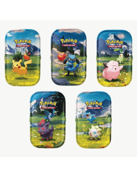 Image des 5 Mini Tin Pokemon ME2.5. Les Pokémon sont Pikachu, Riolu, Mélofée, Zorua et Togepi