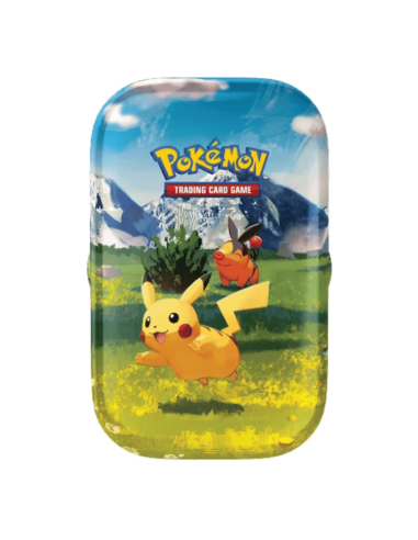 Image d'une mini tin pokémon ME2.5 avec une illustration de Pikachu dans un paysage de montagne