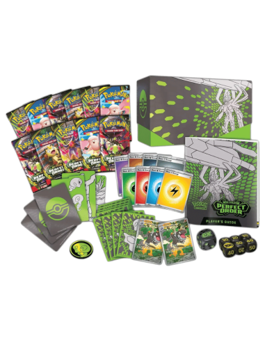 Image de l'ETB ME03 ouverte. On y voit le coffret, les 9 boosters, les sleeves et les accessoires