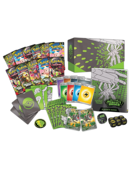 Image de l'ETB ME03 ouverte. On y voit le coffret, les 9 boosters, les sleeves et les accessoires