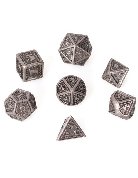 Lot 7 dés métal 16mm (boite métal) - Dragon Scale Silver