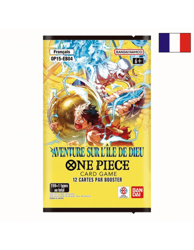 Visuel du Booster OP15 FR - Aventure sur l'ïle de Dieu. On y voit Luffy et Enel
