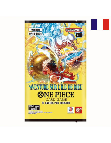 Visuel du Booster OP15 FR - Aventure sur l'ïle de Dieu. On y voit Luffy et Enel