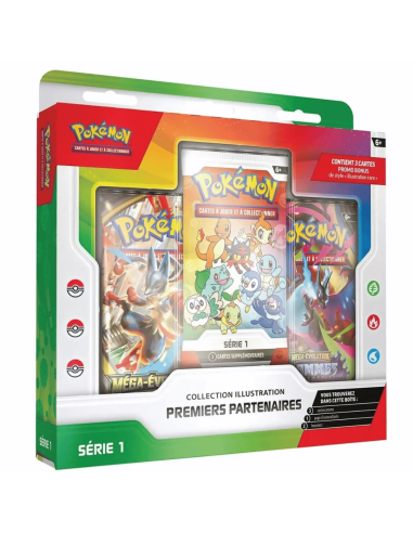Visuel du coffert Pokémon premier partenaire. On y voit un booster ME01, un ME02 et le booster promo