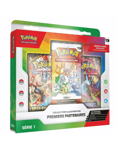 Visuel du coffert Pokémon premier partenaire. On y voit un booster ME01, un ME02 et le booster promo