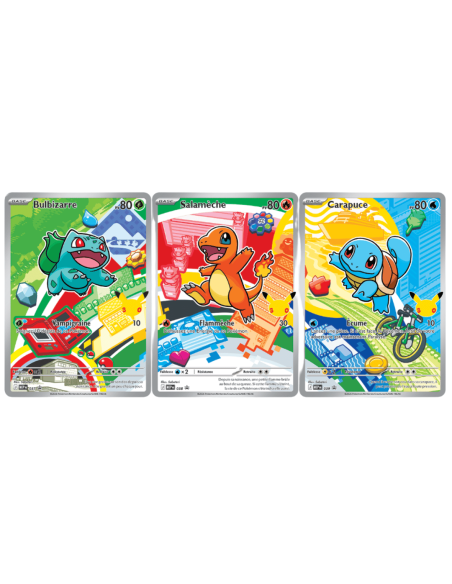 Visuel des cartes promos Bulbizarre, Salamèche et Carapuce
