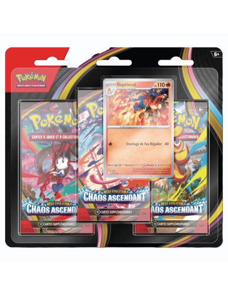 Image du tripack ME04 Chaos Ascendant avec la carte promo reptincel
