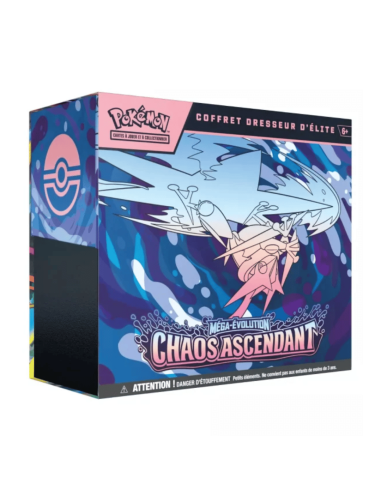 Image de l'ETB ME04 Chaos Ascendant. Le Coffret est Bleu et Violet, et illustré d'un Méga Amphinobi la tête à l'envers.