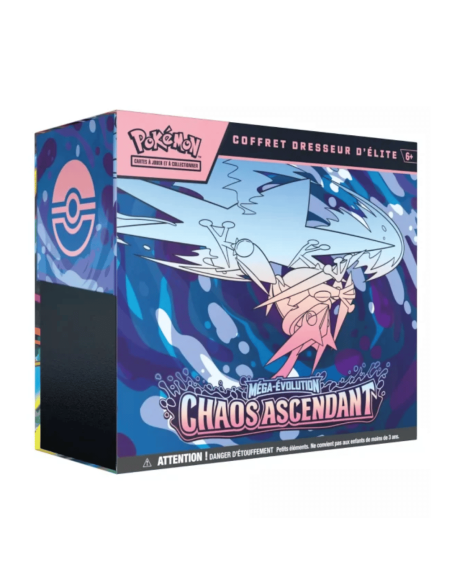 Image de l'ETB ME04 Chaos Ascendant. Le Coffret est Bleu et Violet, et illustré d'un Méga Amphinobi la tête à l'envers.