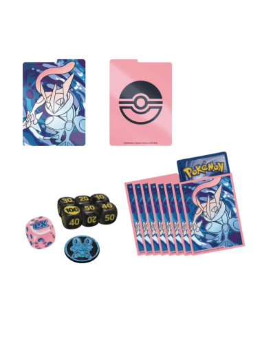 Image présentant les accessoires dans le coffret ME04. On y voit les sleeves, les dés, la pièce Grenousse et les séparateurs