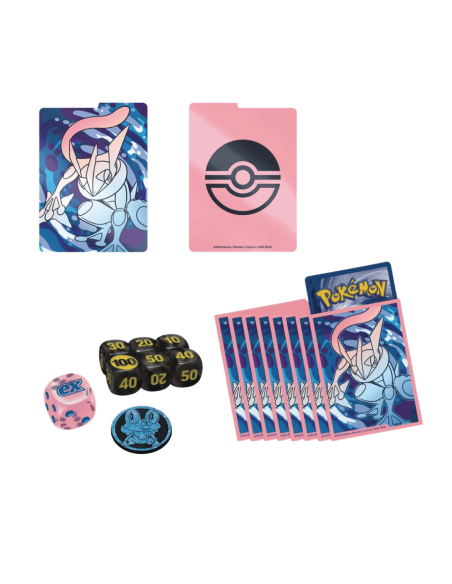 Image présentant les accessoires dans le coffret ME04. On y voit les sleeves, les dés, la pièce Grenousse et les séparateurs