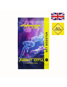 Image du Booster Cyberpunk TCG, avec le logo Beta Version et le drapeau anglais