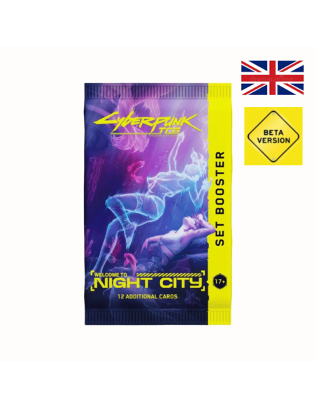 Image du Booster Cyberpunk TCG, avec le logo Beta Version et le drapeau anglais