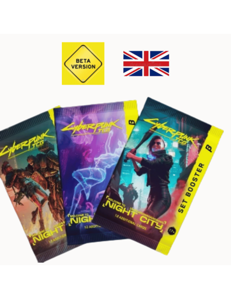 Image des Trois Booster Cyberpunk avec le Logo Beta Version et le Drapeau Anglais