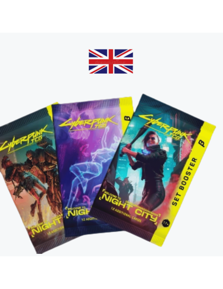 Image des trois différents boosters cyberpunk avec un drapeau anglais