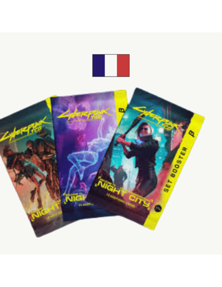 Visuel des trois booster Cyberpunk TCG avec un drapeau Français