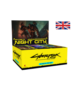 Image d'une display ouverte 24 Boosters Welcome To Night City avec un drapeau Anglais