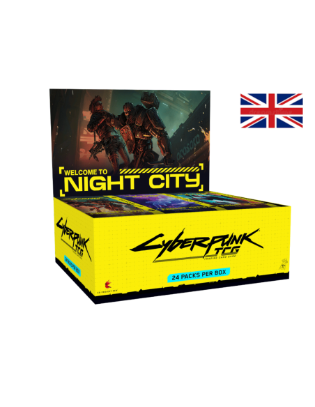 Image d'une display ouverte 24 Boosters Welcome To Night City avec un drapeau Anglais