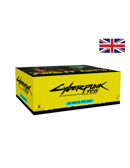 Image d'une display fermée 24 Boosters Welcome To Night City avec un drapeau Anglais