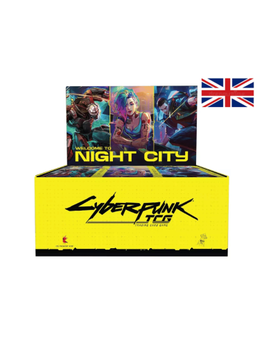 Image d'une display ouverte 24 Boosters Welcome To Night City avec un drapeau Anglais