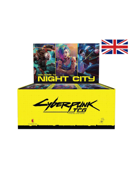 Image d'une display ouverte 24 Boosters Welcome To Night City avec un drapeau Anglais