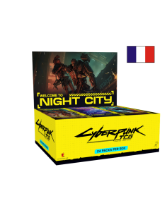 Image d'une display 24 boosters Cyberpunk Wlecome to Night City ouverte avec un drapeau Français 2