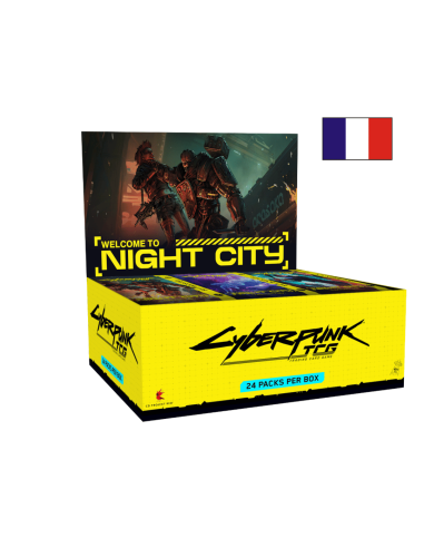 Image d'une display 24 boosters Cyberpunk Wlecome to Night City ouverte avec un drapeau Français et une image d'adam Smasher