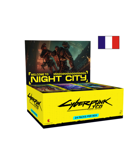 Image d'une display 24 boosters Cyberpunk Wlecome to Night City ouverte avec un drapeau Français et une image d'adam Smasher