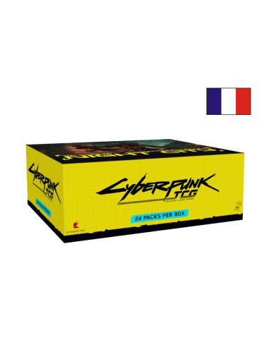 Image d'une display 24 boosters Cyberpunk Wlecome to Night City ferméeavec un drapeau Français