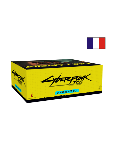 Image d'une display 24 boosters Cyberpunk Wlecome to Night City ferméeavec un drapeau Français