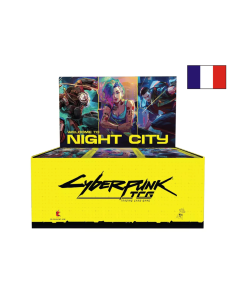 Image d'une display 24 boosters Cyberpunk Wlecome to Night City ouverte avec un drapeau Français