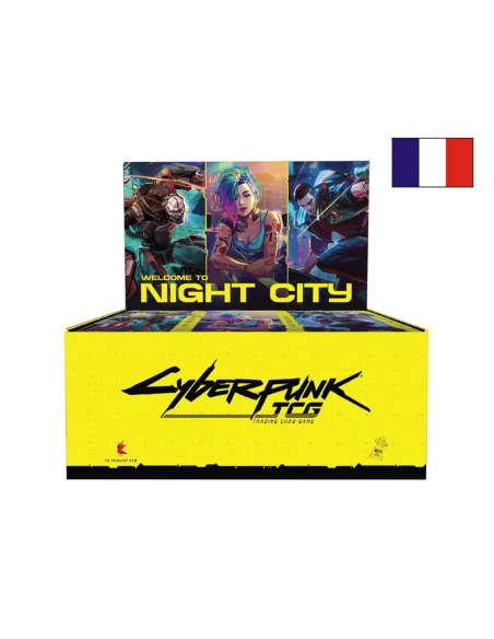 Image d'une display 24 boosters Cyberpunk Wlecome to Night City ouverte avec un drapeau Français