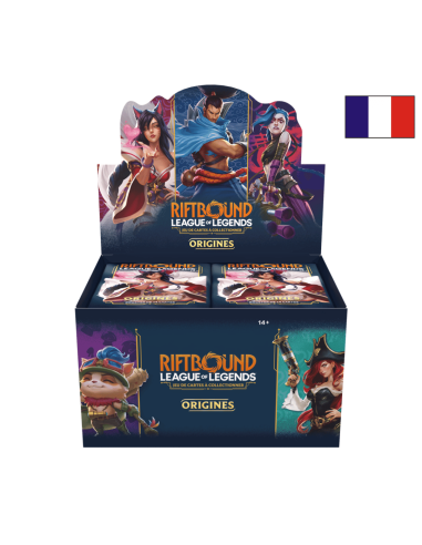 Image d'un display Riftbound Origines ouverte de face avec un drapeau Français