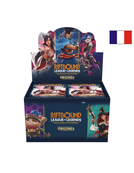 Image d'un display Riftbound Origines ouverte de face avec un drapeau Français