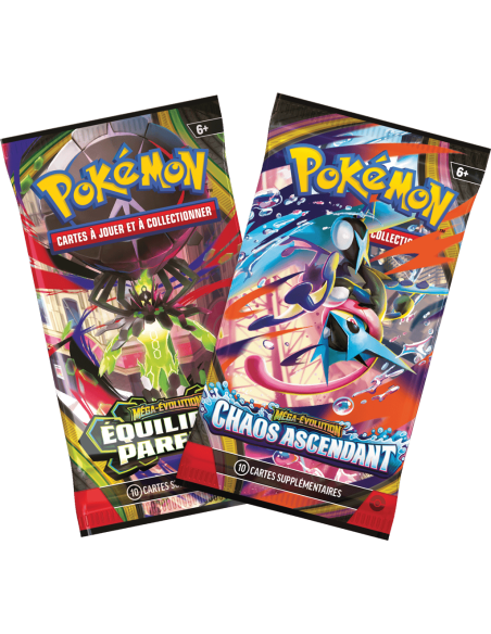 Visuel des booster pokémon contenues da la mini tin. Un booter Equilibre parfait et un booster Chaos Ascendant